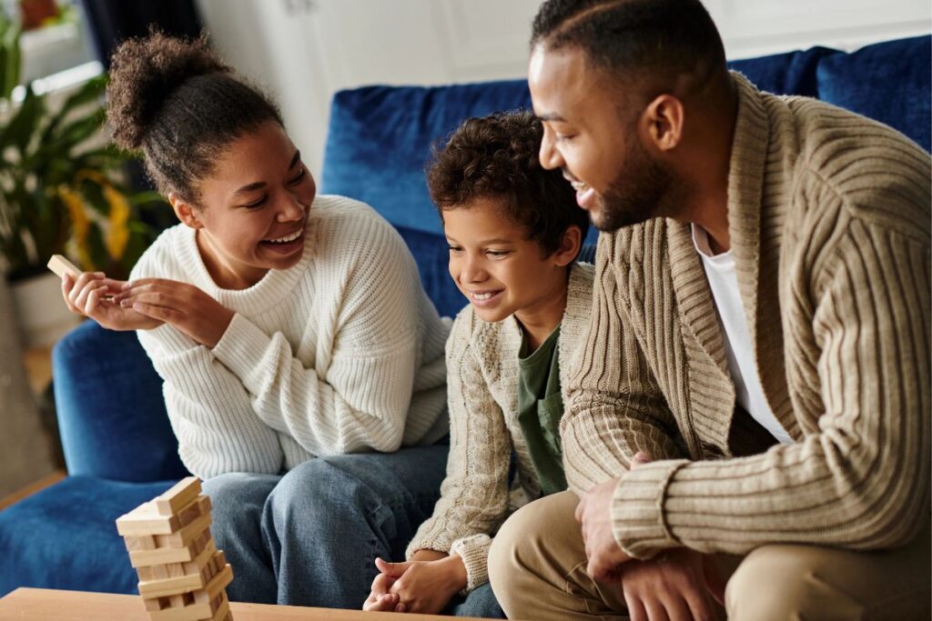 family playing the game jenga