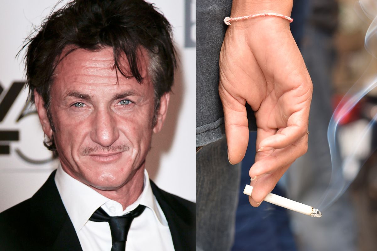 split screen of sean penn and a hand smoking