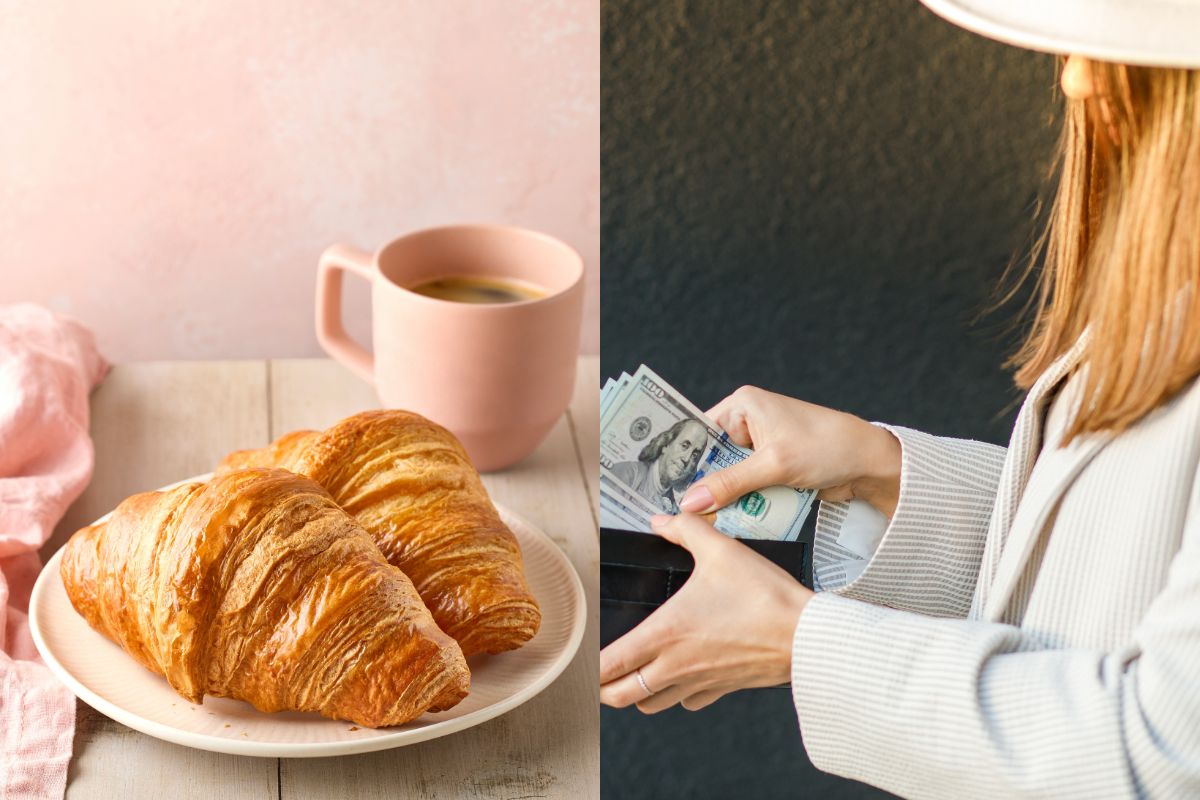 woman holding money and picture of croissant and a coffee