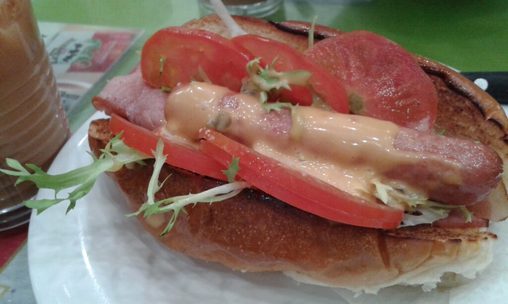 A grilled hot dog in a bun