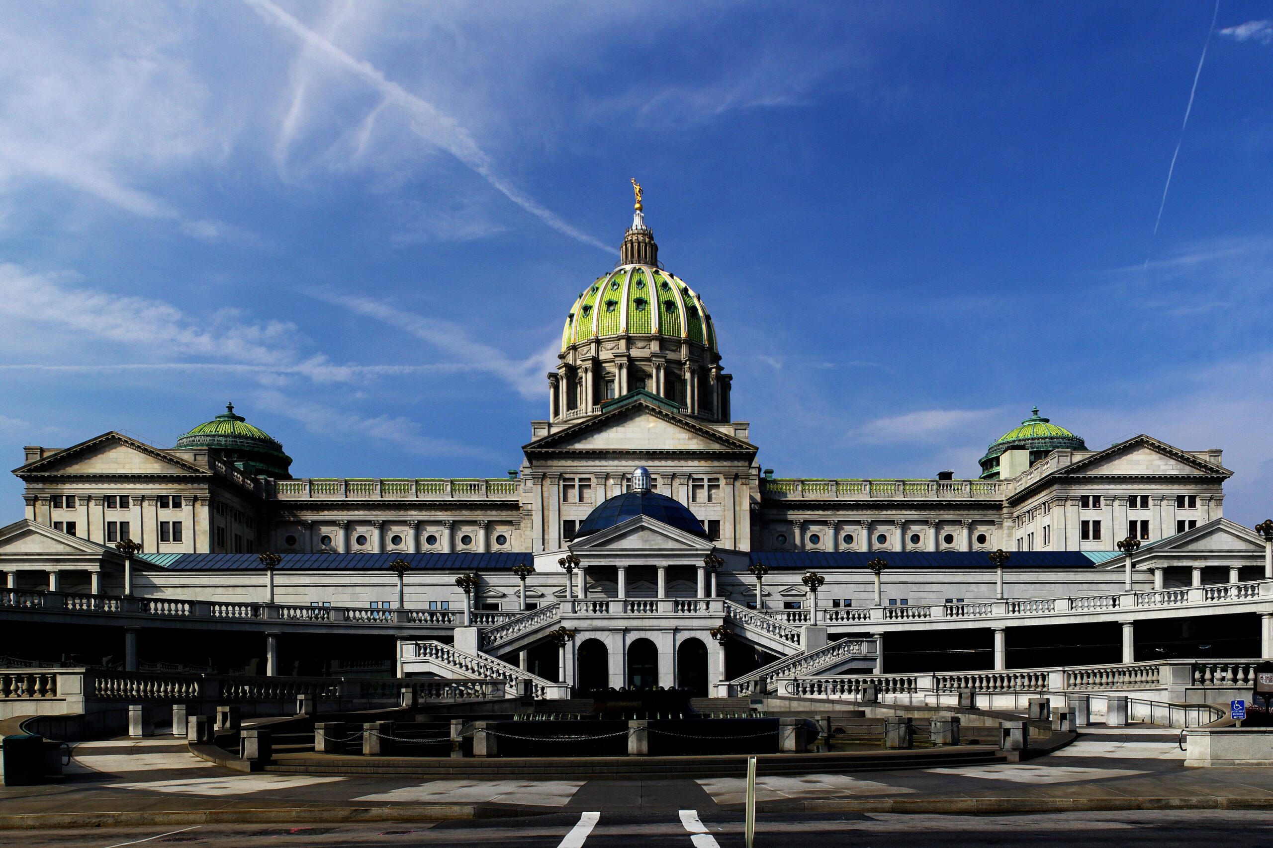 The Pennsylvania State Capitol building in Harrisburg seen from its east side
