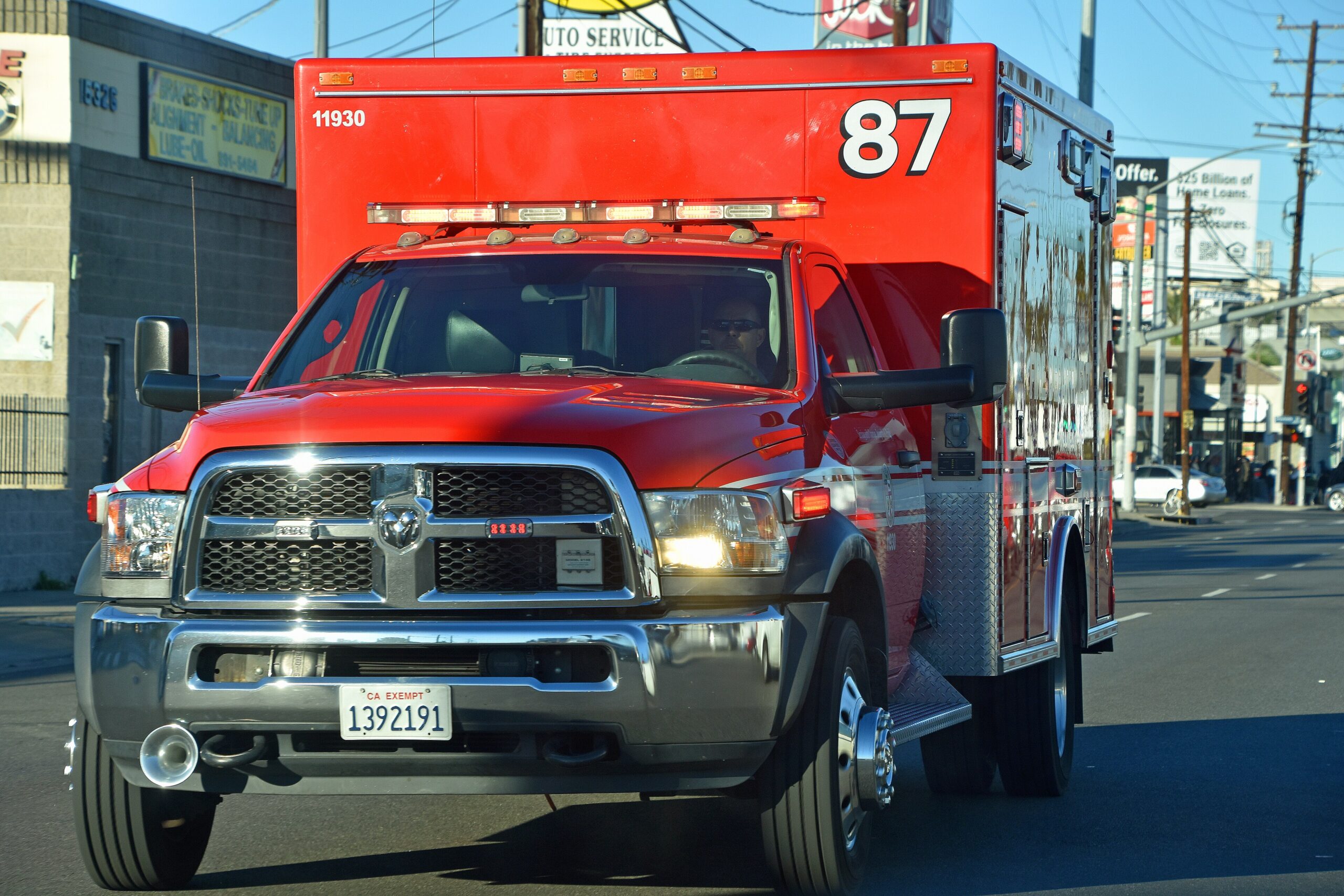 A Los Angeles Fire Department rescue ambulance parked on a city street